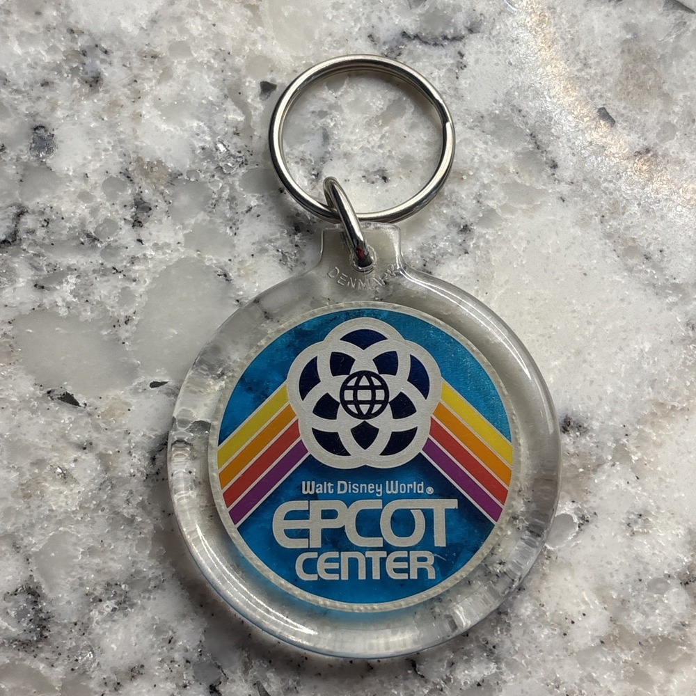 Vtg 1980's Disney World EPCOT CENTER KEYCHAIN Acrylic Blue Rainbow Key Ring